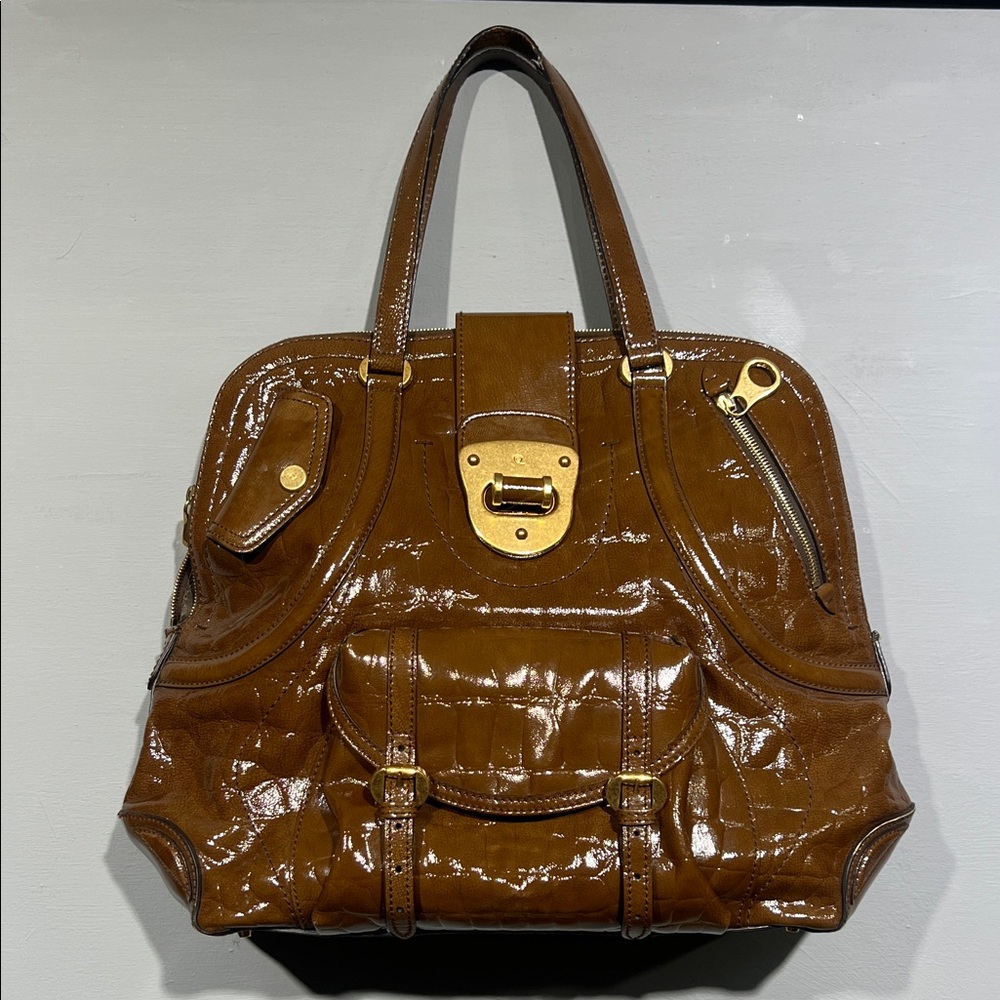 Alexander McQueen Shiny Brown Croc Print Leather Satchel